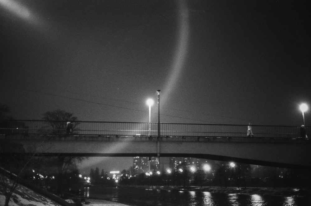 grayscale photo of bridge over water