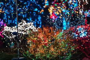 A festive display of colorful Christmas lights with bokeh effects, featuring a small Santa decoration nestled in a bush adorned with red, green, and orange lights. In the background, vibrant blue, white, and pink lights create a magical and cheerful atmosphere.