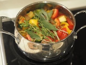 vegetable salad in stainless steel cooking pot
