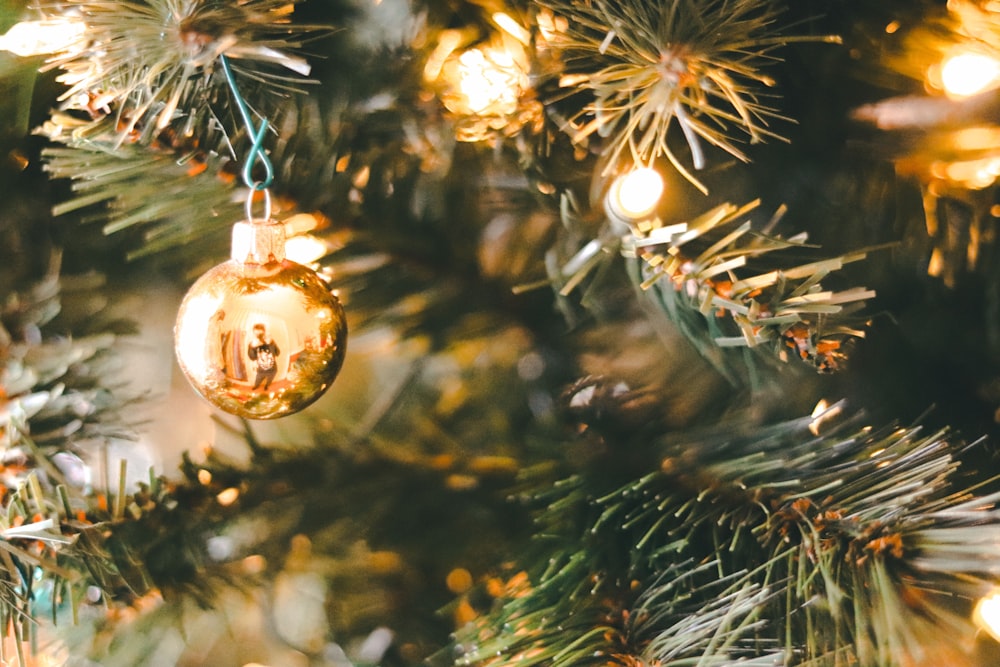 gold baubles on christmas tree