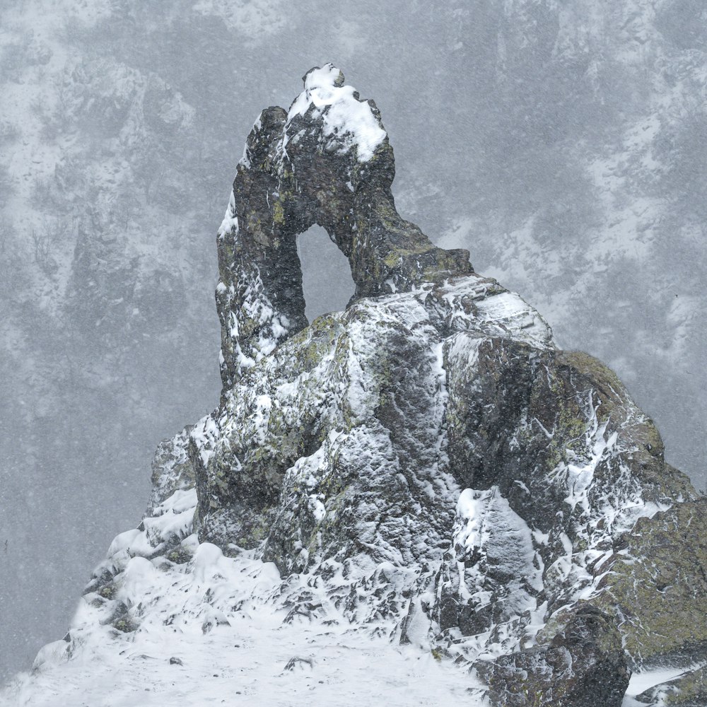 gray and black rock formation covered with snow