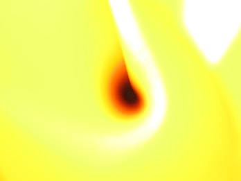 A bright yellow abstract image with a central black circle surrounded by a gradient of red and orange hues. A white curve extends from the top right to the center, creating a dynamic swirl effect.