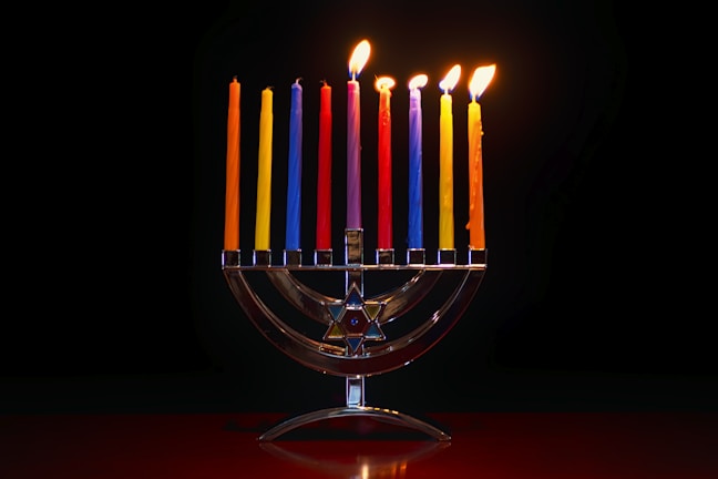Close-up of the synagogue's ancient menorah illuminated during evening prayers, highlighting its intricate craftsmanship.