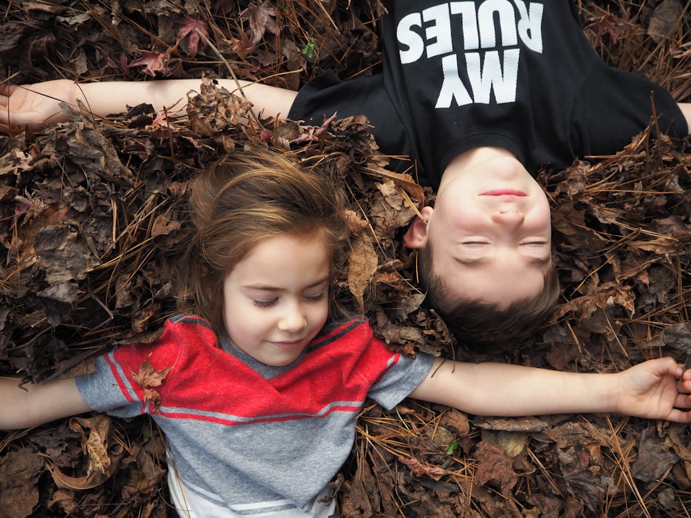 girl in red and gray shirt lying on dried leaves