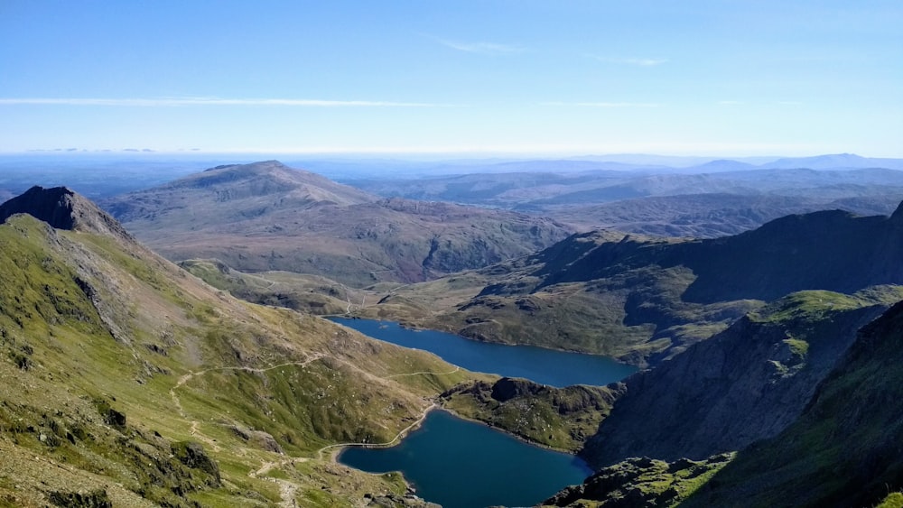 aerial view of lake between mountains during daytime