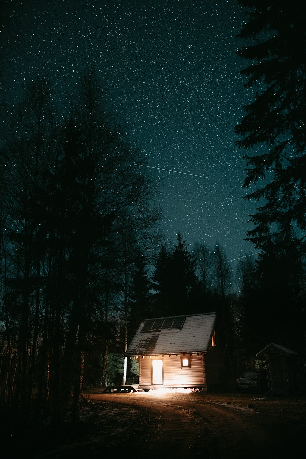 casa di legno marrone vicino agli alberi durante la notte