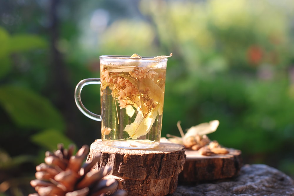 clear glass mug with yellow liquid on brown wooden log