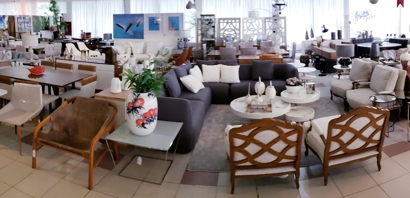 A spacious, well-lit showroom filled with a variety of modern and classic furniture pieces. There are several sofas, armchairs, coffee tables, and dining tables arranged in a cozy and inviting manner. The decor includes vases, cushions, and artistic pieces, and the color scheme is neutral with pops of color from accessories. Large windows in the background provide ample natural light.