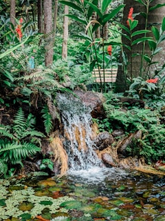 A small waterfall cascades over rocks surrounded by lush green foliage, including ferns and large-leafed plants. Red tropical flowers sporadically add color to the scene, enhancing the natural beauty. A pond filled with floating lily pads is situated at the base of the waterfall.