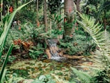 A lush tropical garden with vibrant green foliage surrounding a small waterfall. The water cascades gently into a pond covered with various floating water plants. Red flowers stand out among the dense greenery, adding a burst of color.