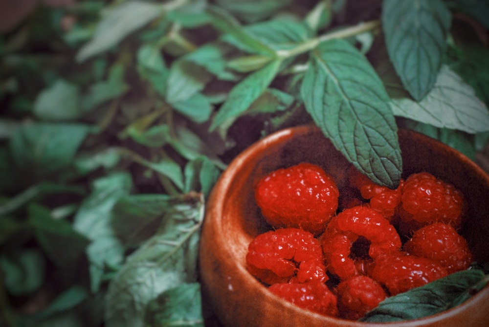 red strawberries in brown ceramic bowl