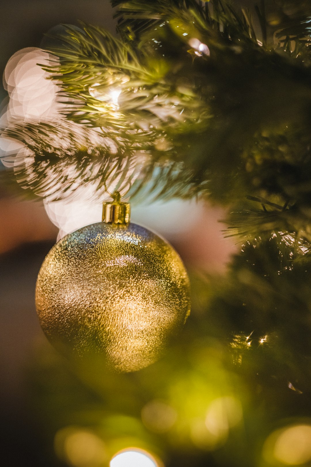 gold bauble on green christmas tree