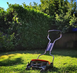 red and black ride on lawn mower on green grass field