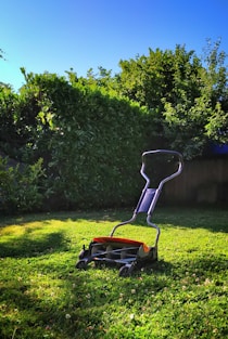 red and black ride on lawn mower on green grass field