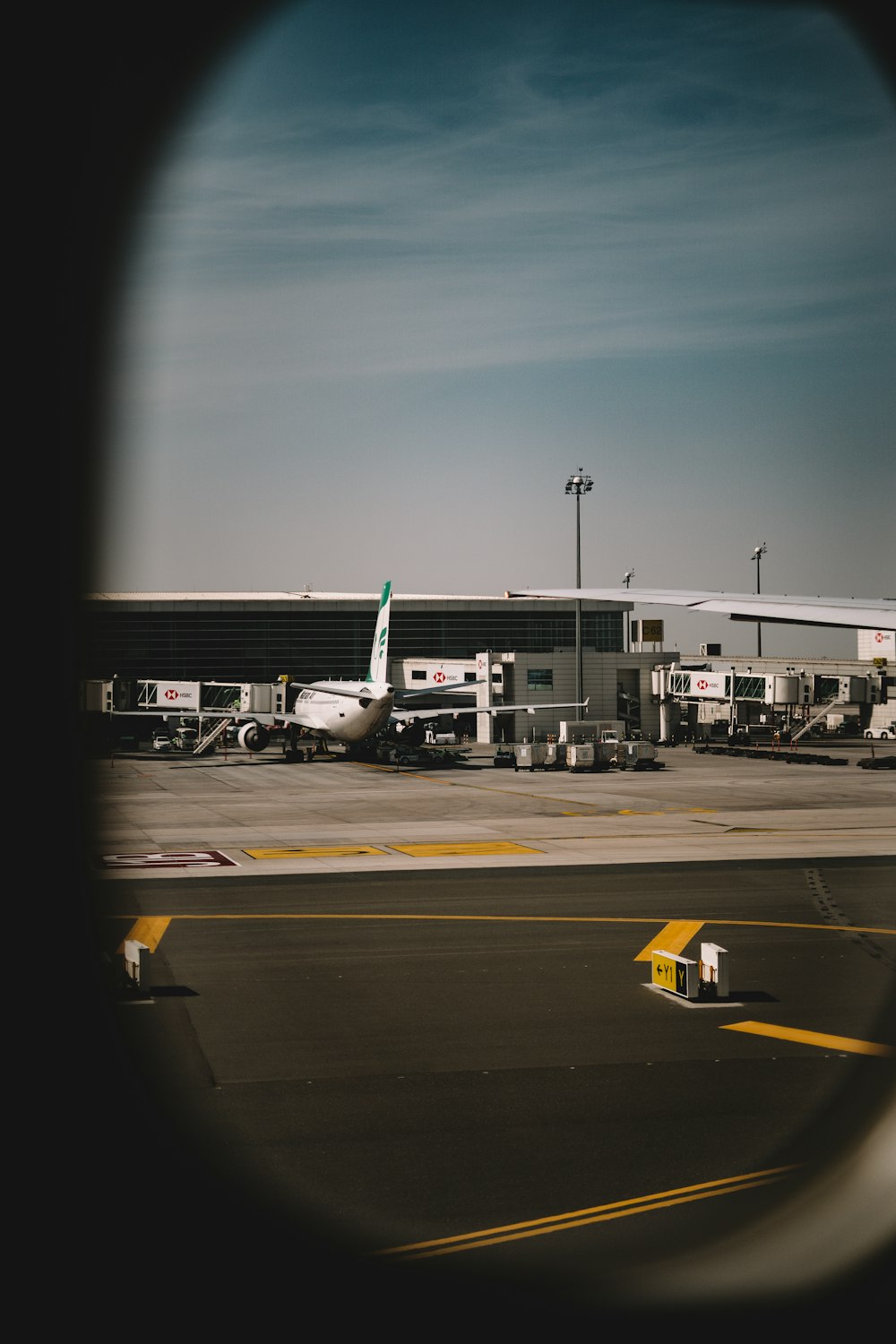 a view of an airport from a plane window