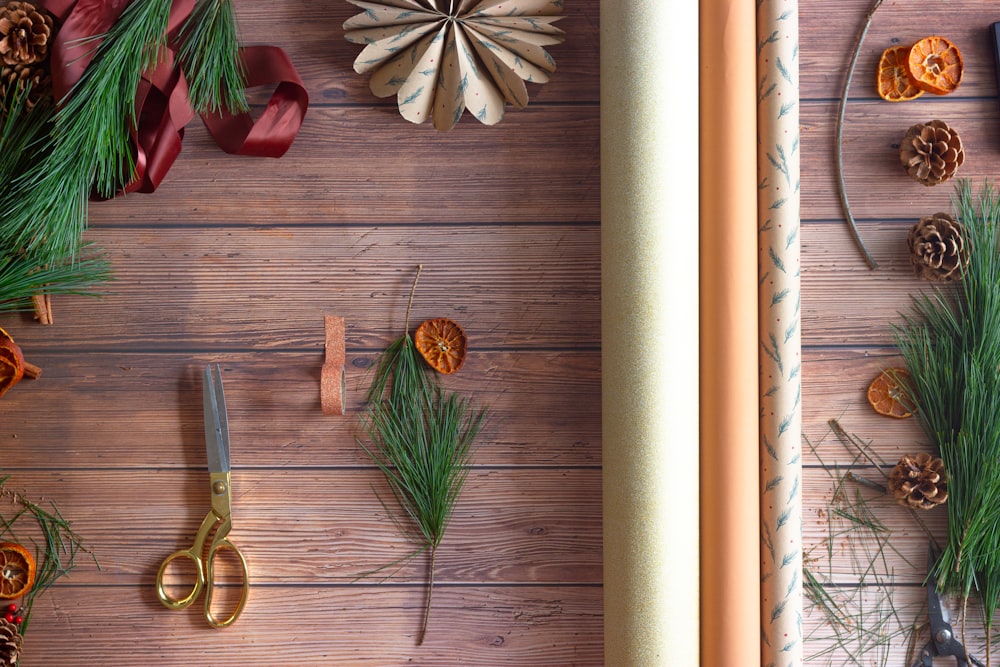 red and green leaves on brown wooden surface