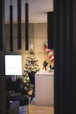 A cozy living space featuring seasonal decorations.