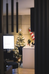 A cozy living space featuring seasonal decorations.