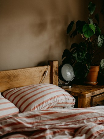 A cozy bedroom scene featuring a wooden headboard and a bedside table with a potted plant. The bed is adorned with striped pillows and a matching duvet in red and white. Soft lighting creates a warm and inviting atmosphere.