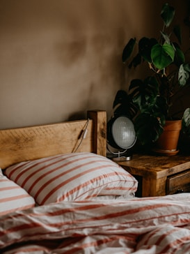 A cozy bedroom scene featuring a wooden headboard and a bedside table with a potted plant. The bed is adorned with striped pillows and a matching duvet in red and white. Soft lighting creates a warm and inviting atmosphere.