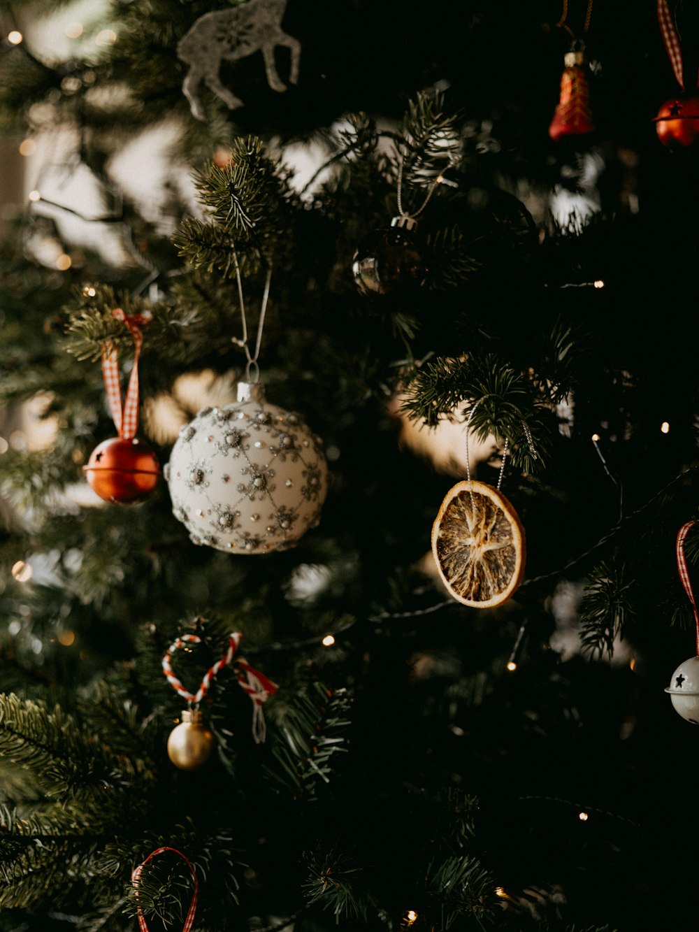 silver baubles on christmas tree