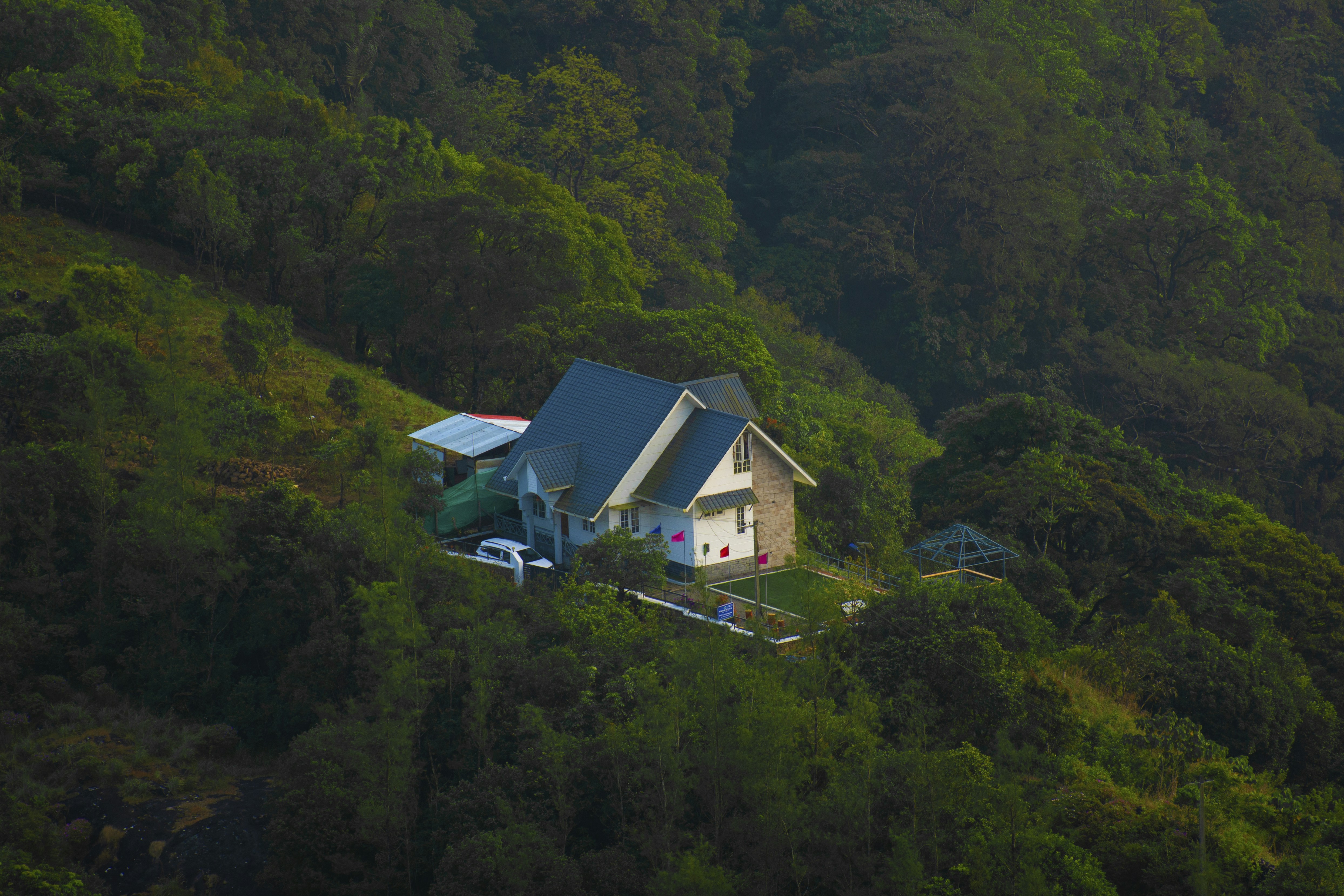 white and blue house on top of green forest during daytime