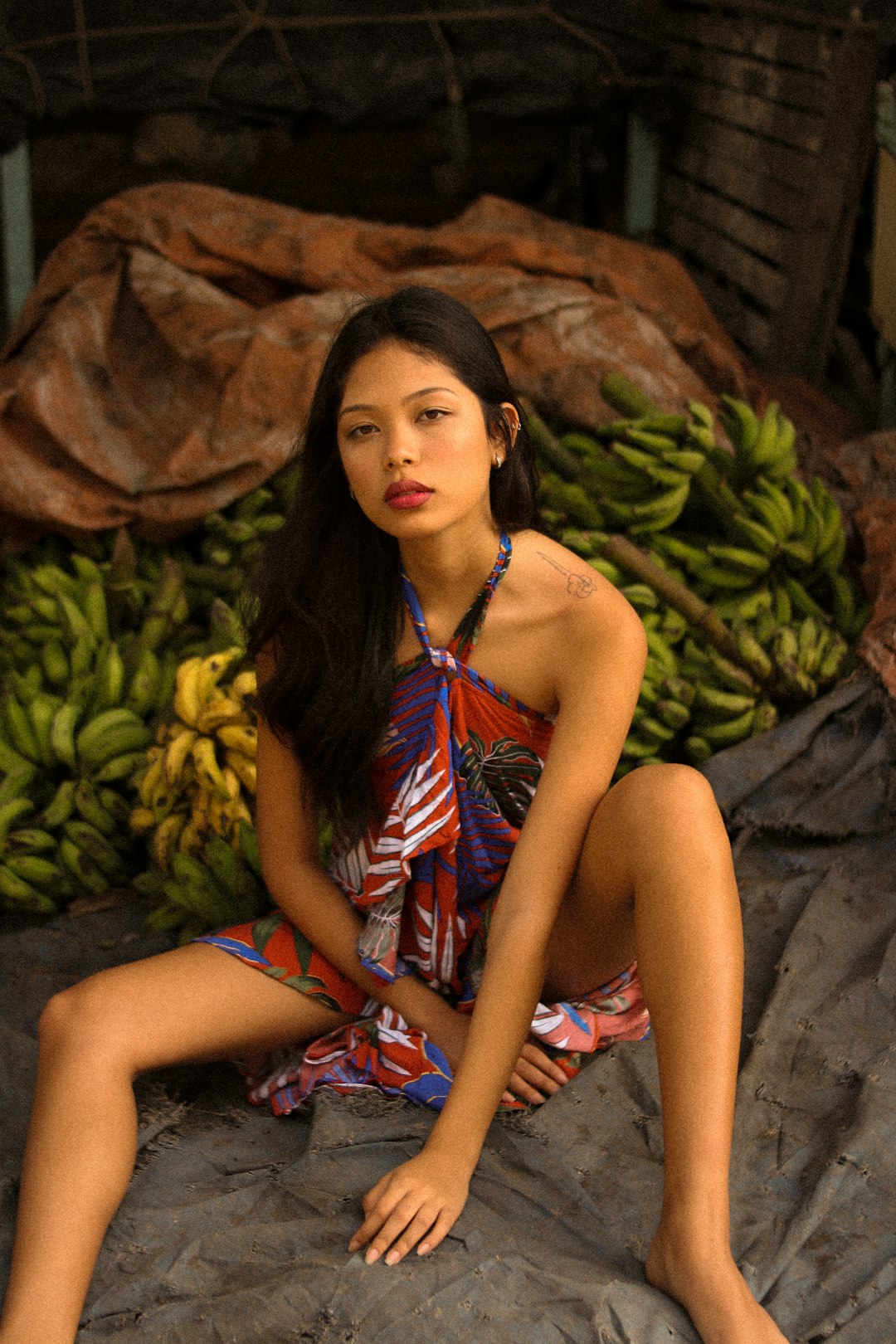 woman in red and blue floral dress sitting on brown rock