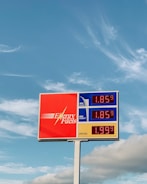 A gas station price sign stands against a backdrop of a blue sky with light clouds. The sign displays prices for regular cash, regular credit, and diesel, with the brand name Energy Fuels prominently featured on a red background.