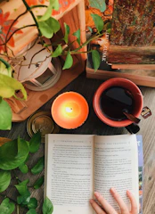 An open e-book on a cozy desk surrounded by plants and a warm cup of tea.