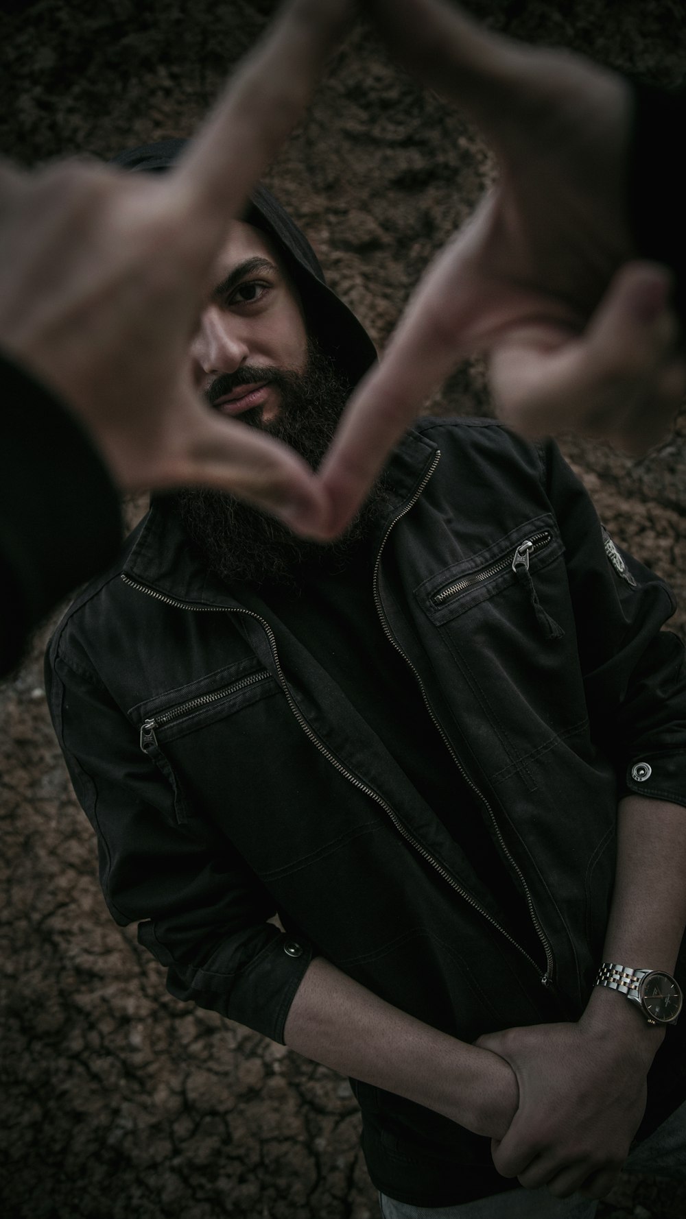 man in black leather jacket