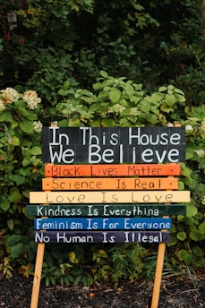 Brightly colored sign with various affirmations is placed in a lush, green garden. The sign reads: 'In This House We Believe,' followed by statements such as 'Black Lives Matter,' 'Science is Real,' 'Love is Love,' 'Kindness is Everything,' 'Feminism is for Everyone,' and 'No Human is Illegal.' The sign is divided into multi-colored sections, each bearing a different phrase.
