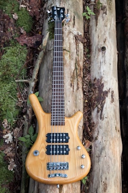 A wooden electric bass guitar with four strings is placed on a bed of organic materials, including moss-covered and bark-stripped logs. Surrounding the guitar, there are green leaves, twigs, and some dried leaves, indicating an outdoor, natural setting.