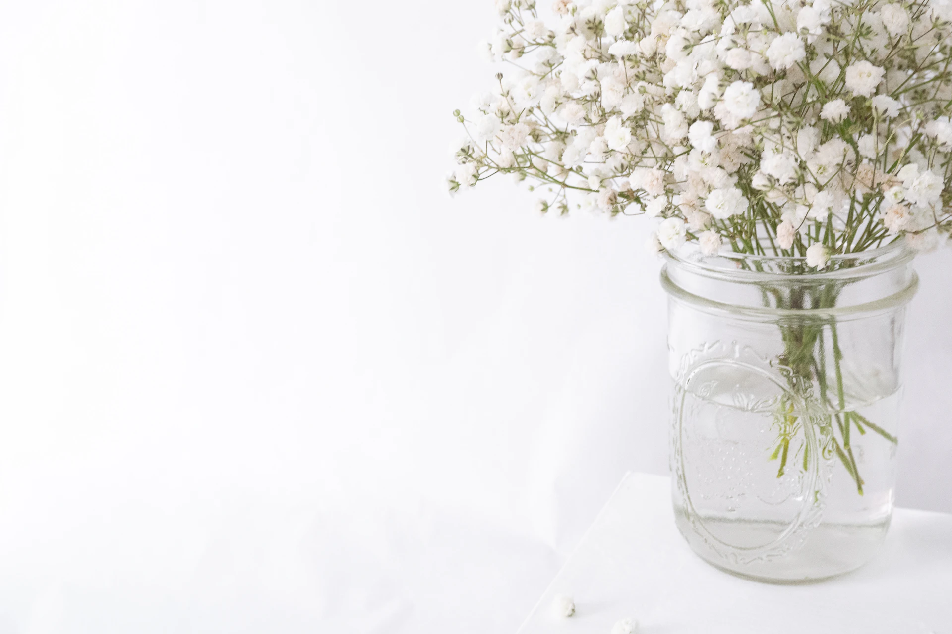 white flowers in clear glass vase