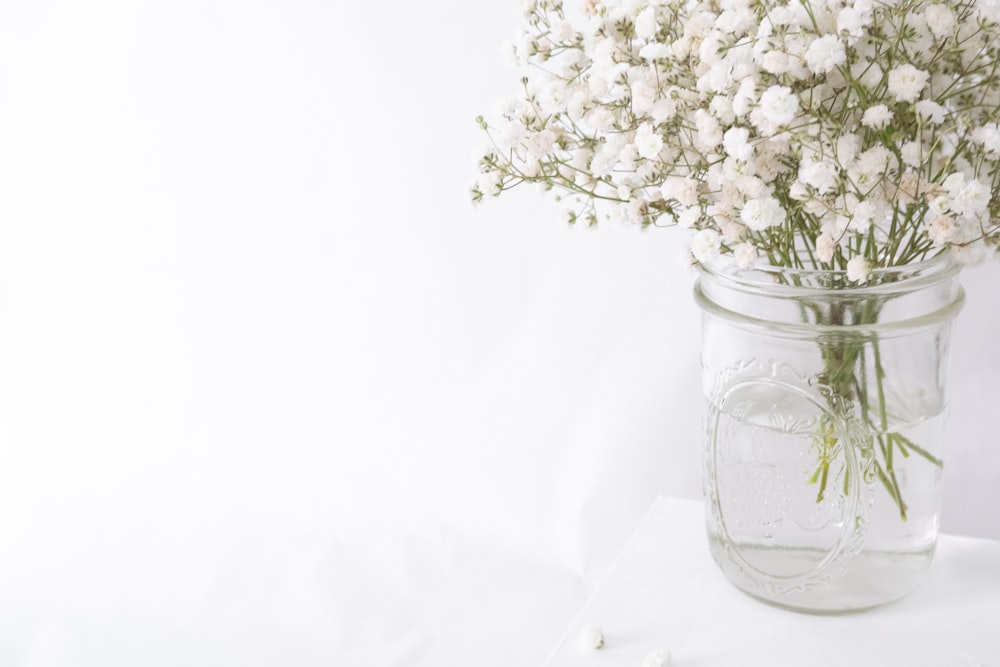 white flowers in clear glass vase
