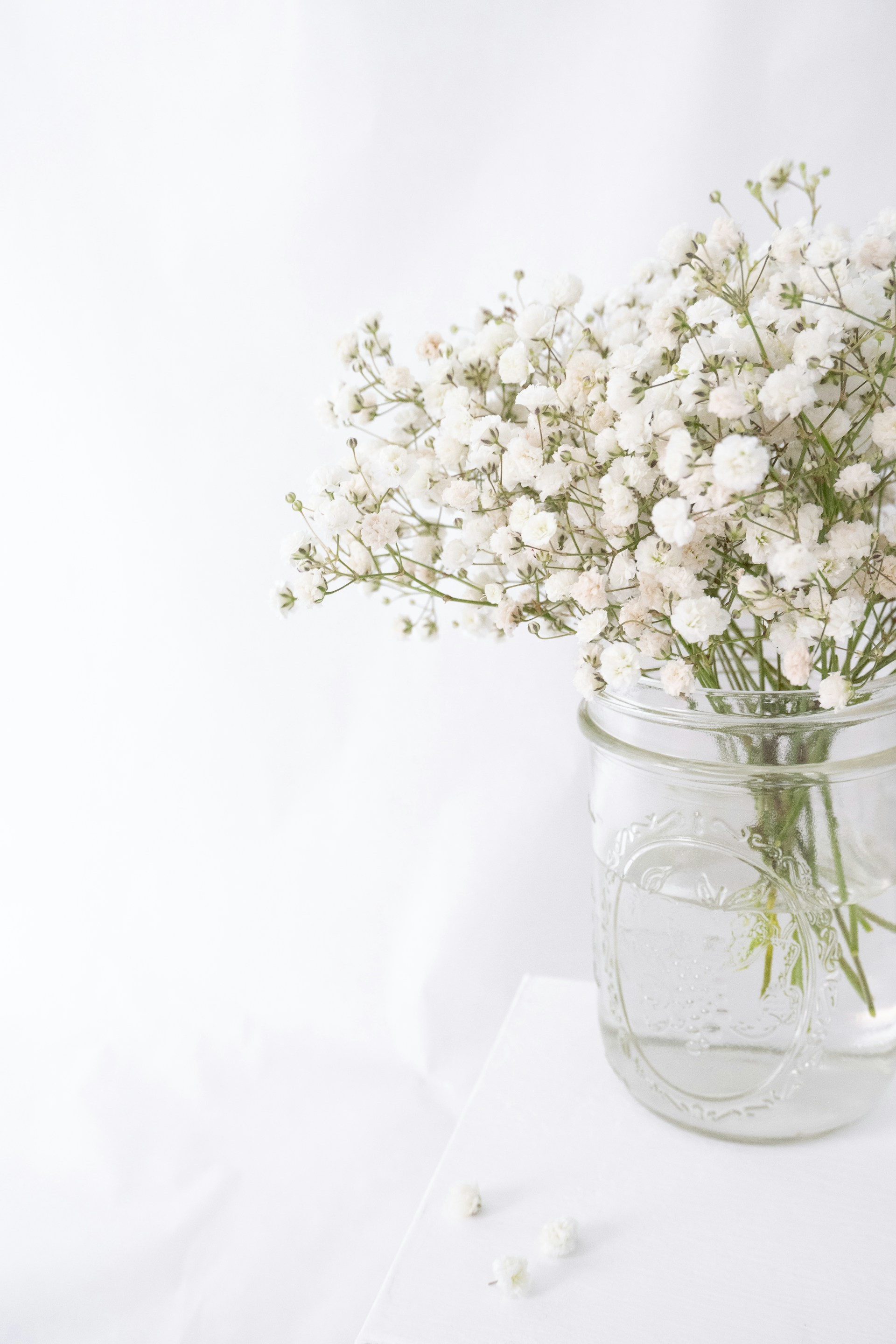 white flowers in clear glass vase