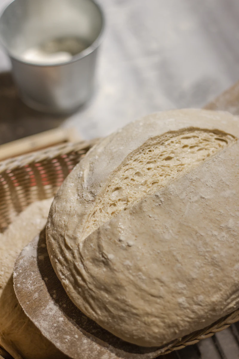Shaped sourdough dough in banneton proofing basket ready for baking