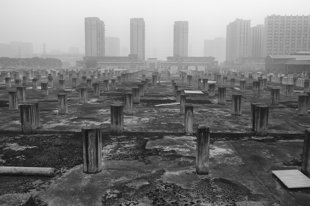 grayscale photo of city buildings