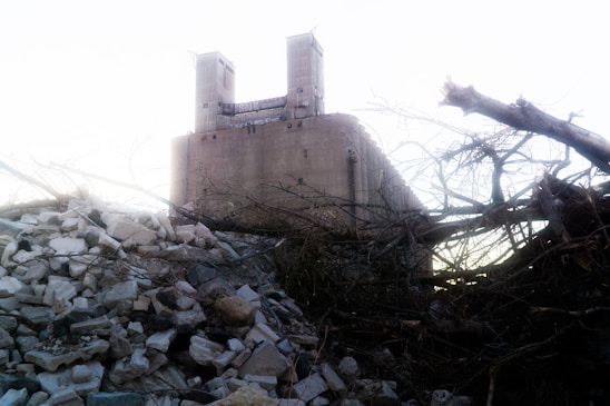 A haunting view of the abandoned Chernobyl nuclear power plant with the RBMK reactor in the background.