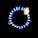 A stove burner with a ring of blue flames surrounding a central black disc, with a hint of orange flame visible at one spot.