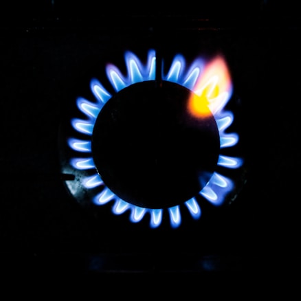 A stove burner with a ring of blue flames surrounding a central black disc, with a hint of orange flame visible at one spot.