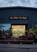A storefront with the sign 'The Indoor Sun Shoppe' is visible, featuring a large window displaying potted plants and greenery. The building's exterior is a muted gray-blue color, surrounded by various plants and foliage, creating a cozy, inviting atmosphere.