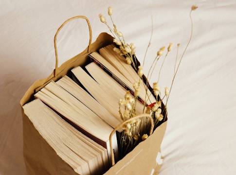 A collection of books placed inside a paper bag with handles, accompanied by dried flowers leaning against the books. The setting is softly lit, creating a warm and cozy atmosphere.
