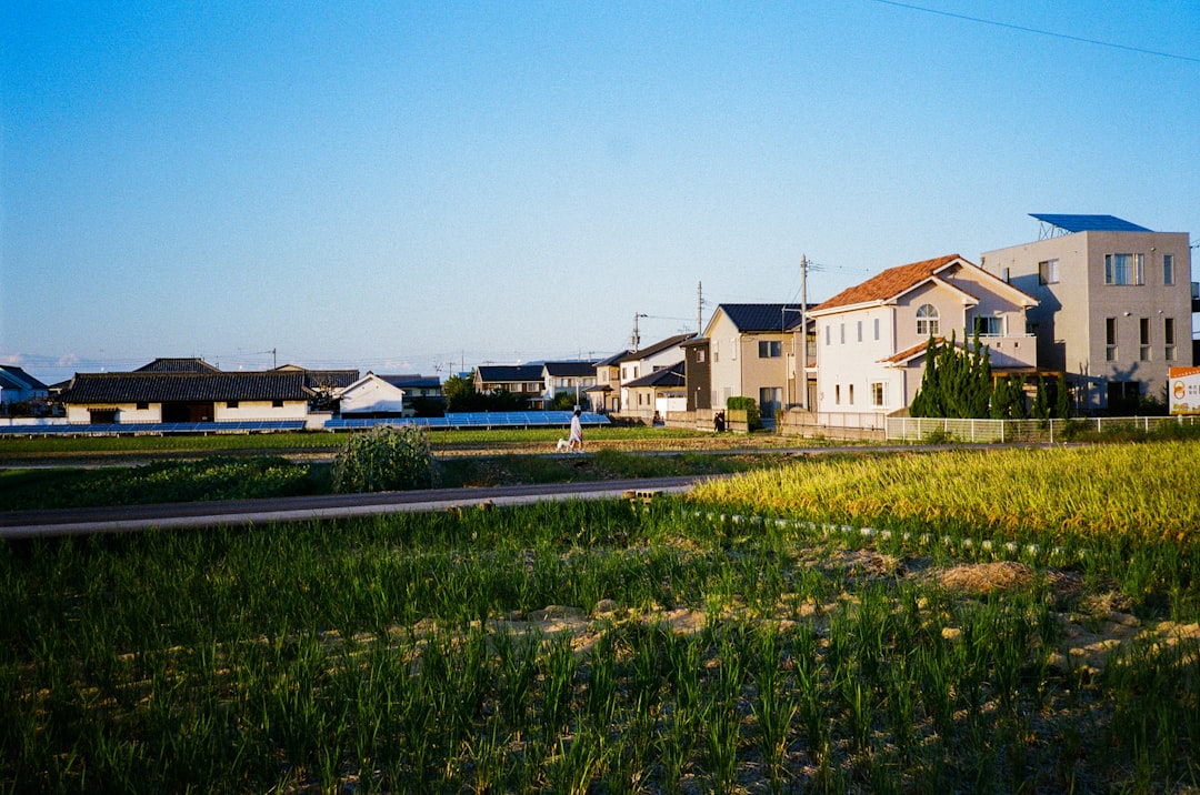 white and brown concrete house near green grass field under blue sky during daytime