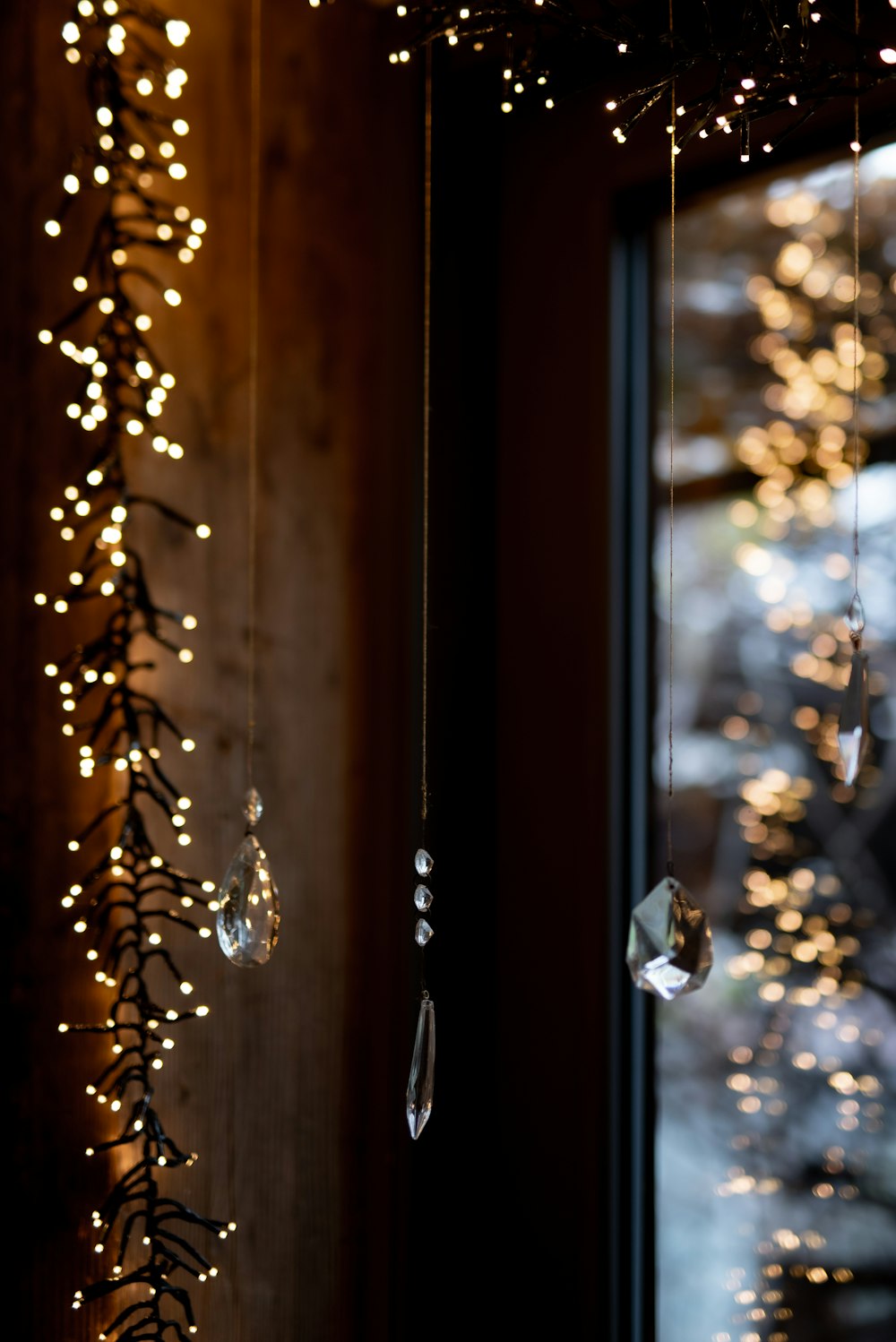 brown string lights on window