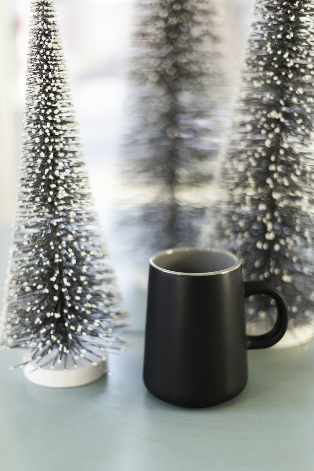 white ceramic mug beside white and gray pine tree