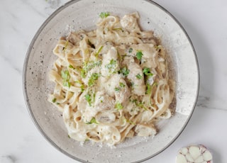 pasta dish on white ceramic bowl