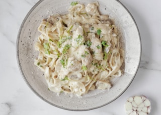 pasta dish on white ceramic bowl