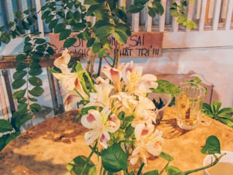 Customizable bouquet options displayed on a wooden table with soft natural light highlighting the colors.