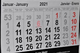 A 2021 calendar page displaying the month of January in multiple languages at the top. The calendar is arranged in a grid with dates and days of the week labeled in several languages, including German, French, and Spanish. Some dates are highlighted in red, marking special days or weekends.