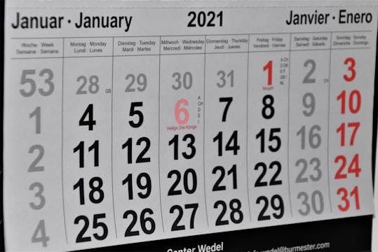 A 2021 calendar page displaying the month of January in multiple languages at the top. The calendar is arranged in a grid with dates and days of the week labeled in several languages, including German, French, and Spanish. Some dates are highlighted in red, marking special days or weekends.